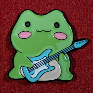 Cute Green Frog Enamel Pin with Blue Guitar